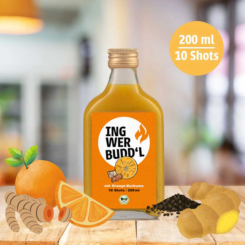 Ingwer Kurkuma Shot mit Orangensaft