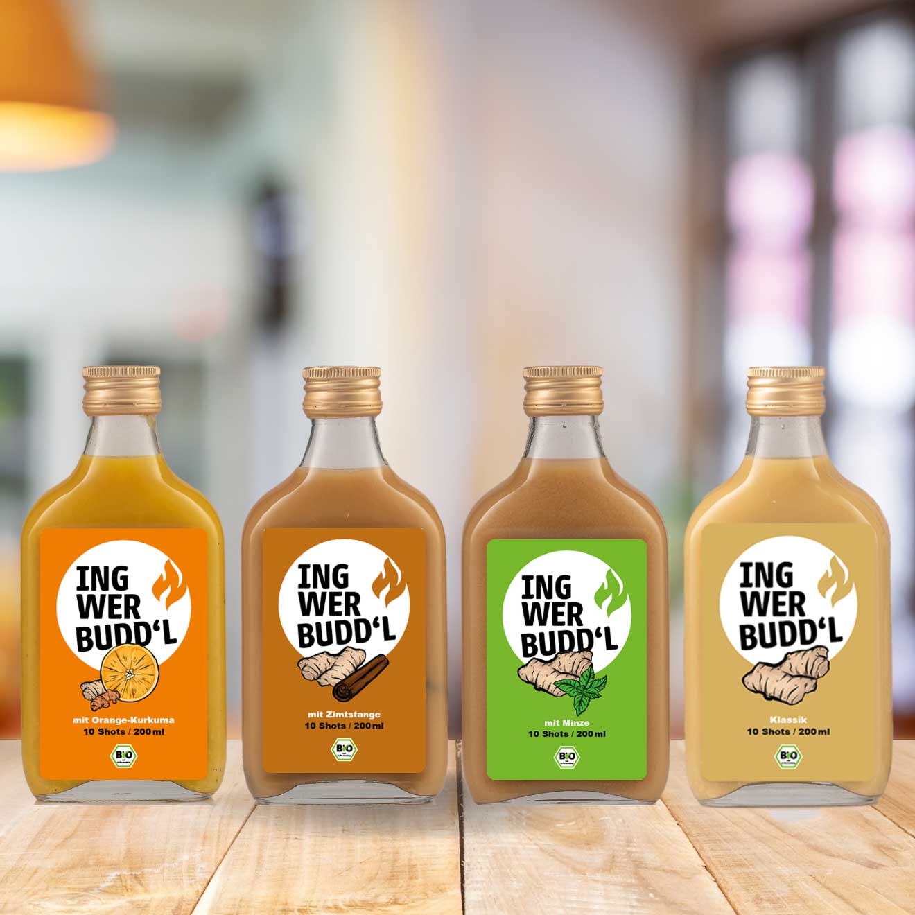 Probierpaket 4×200 ml (Klassik, Orange-Kurkuma, Minze, Zimtstange)