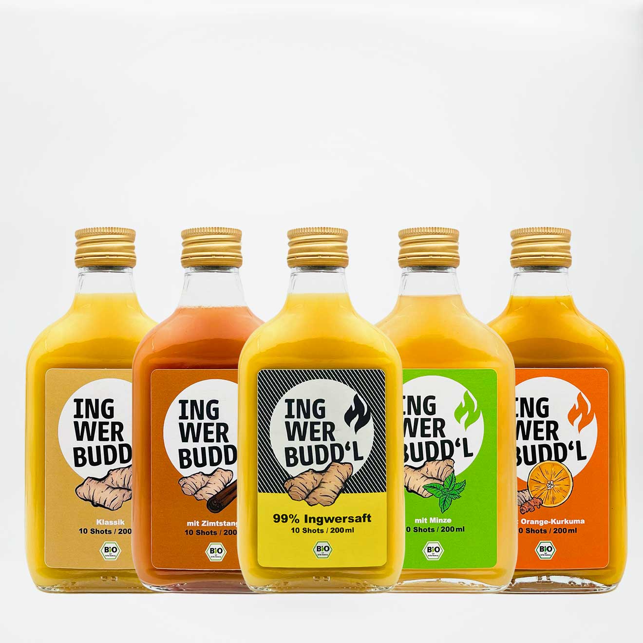 Probierpaket 5×200 ml (Klassik, Orange-Kurkuma, Minze, Zimtstange, 99%)