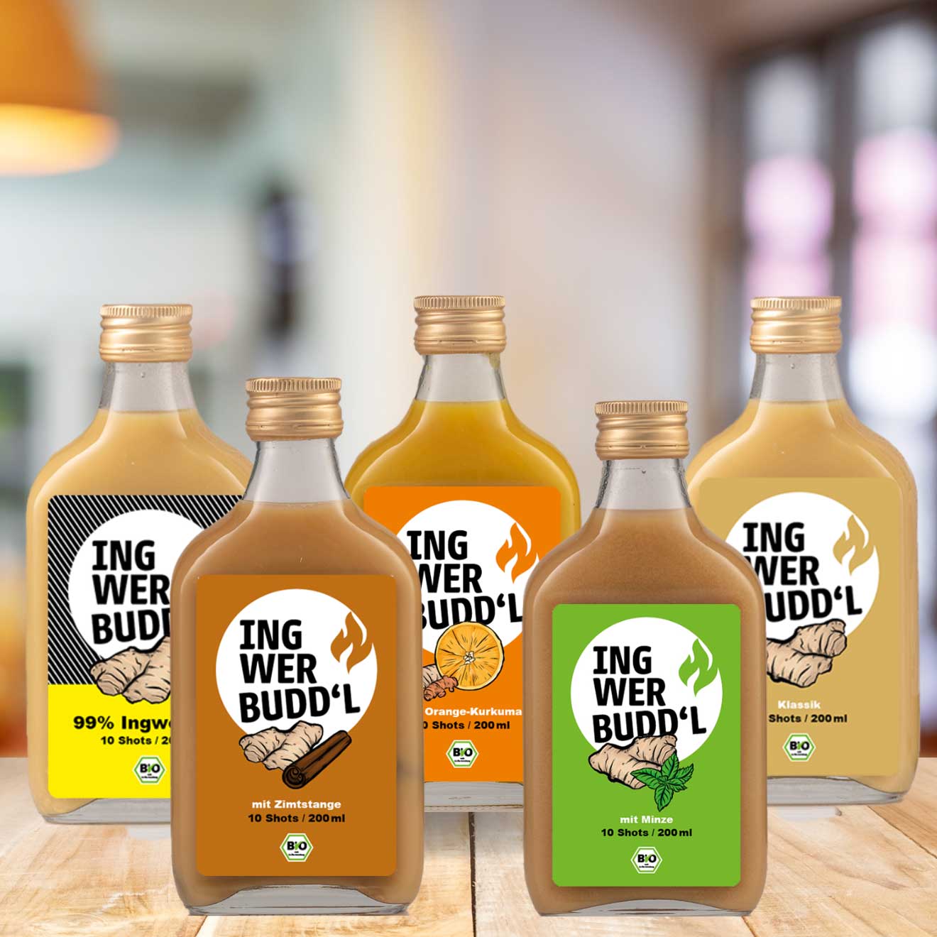 Probierpaket 5×200 ml (Klassik, Orange-Kurkuma, Minze, Zimtstange, 99%)