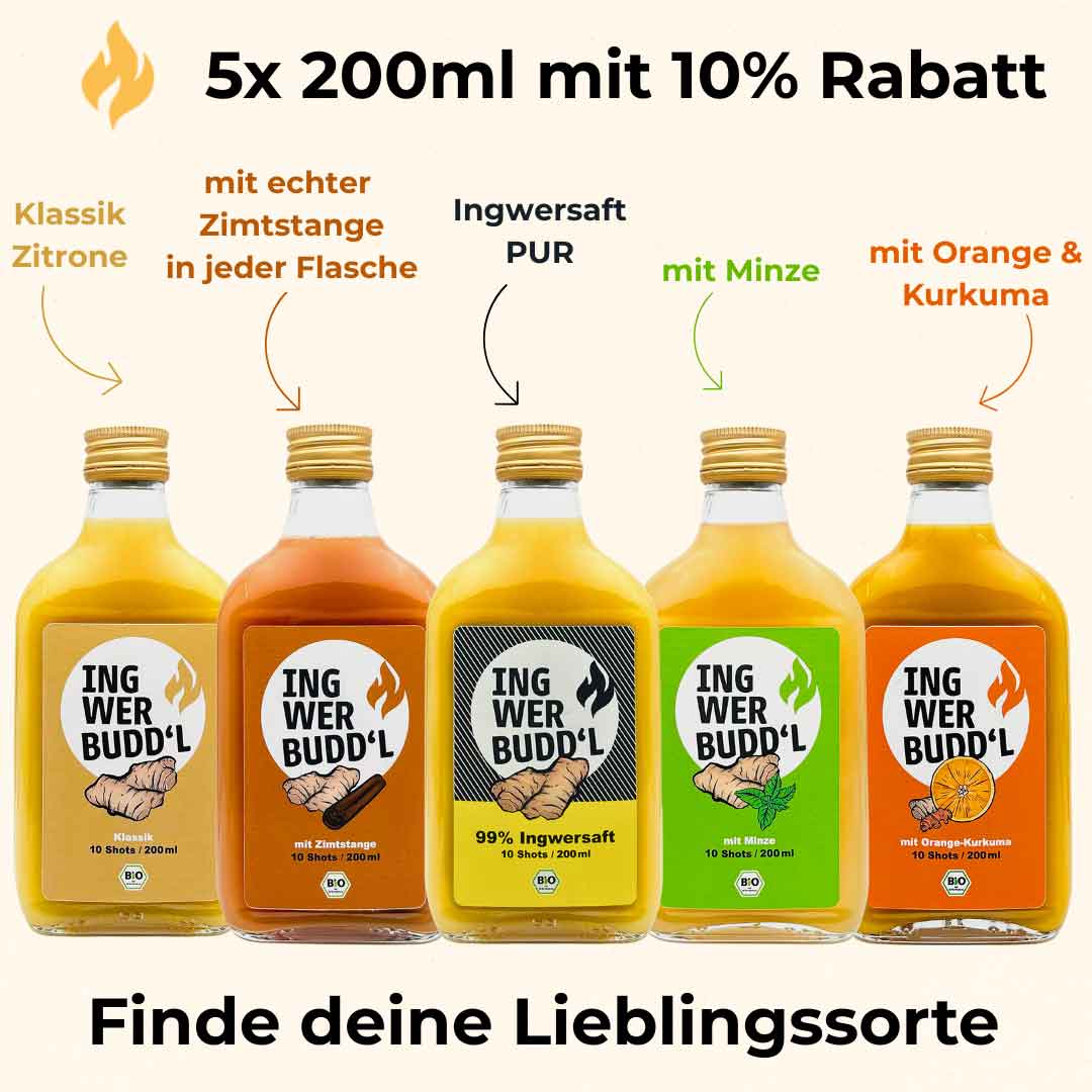 Probierpaket 5×200 ml (Klassik, Orange-Kurkuma, Minze, Zimtstange, 99%)