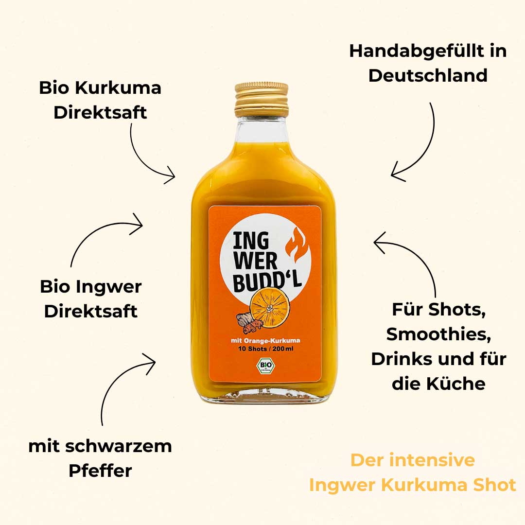 Ingwer Kurkuma Shot mit Orangensaft